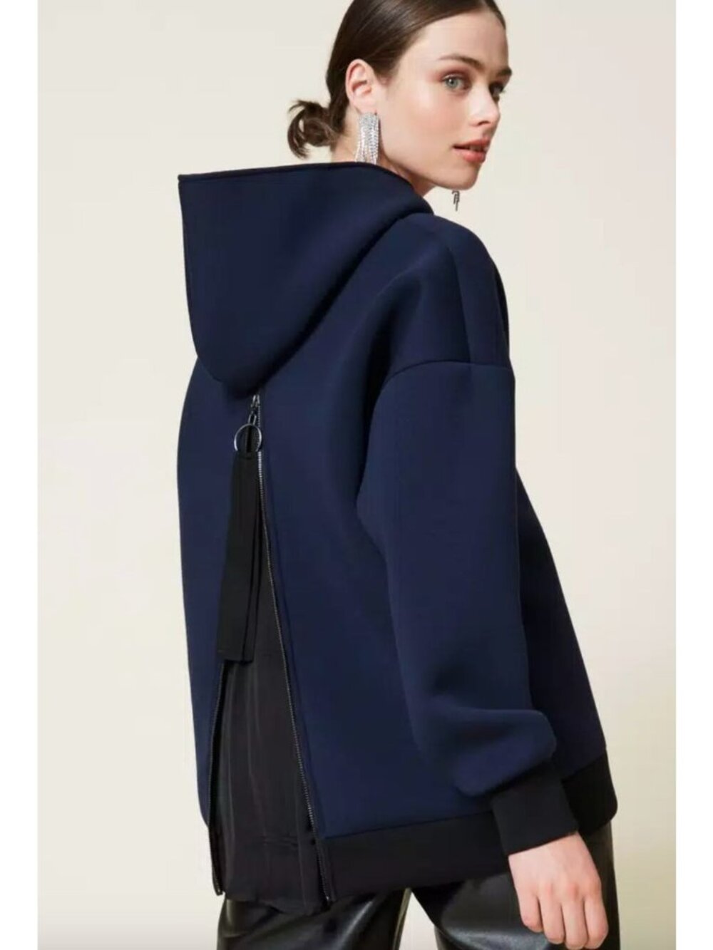 TwinSet Actitude Milano Scuba Fabric & Satin Maxi Hoodie Size Small Navy Black